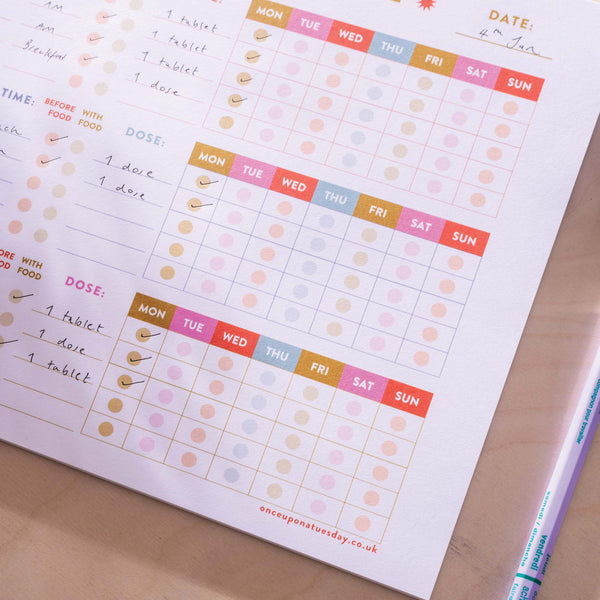 a4 colourful medication schedule and vitamin log. 100% recycled paper. 52 page planner pad.