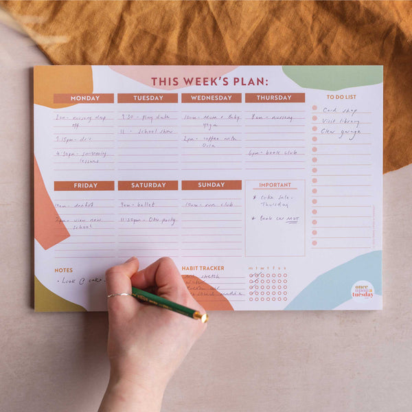A4 weekly planner pad. weekly schedule. recycled paper. made in the UK. boho paper shapes
