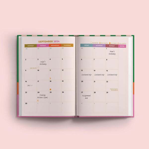 2024 - 2025 academic diary. Tropical Vibes. Cabana Stripe. Week to view. A5, hardcover journel. 100% recycled paper. Made in the UK.
