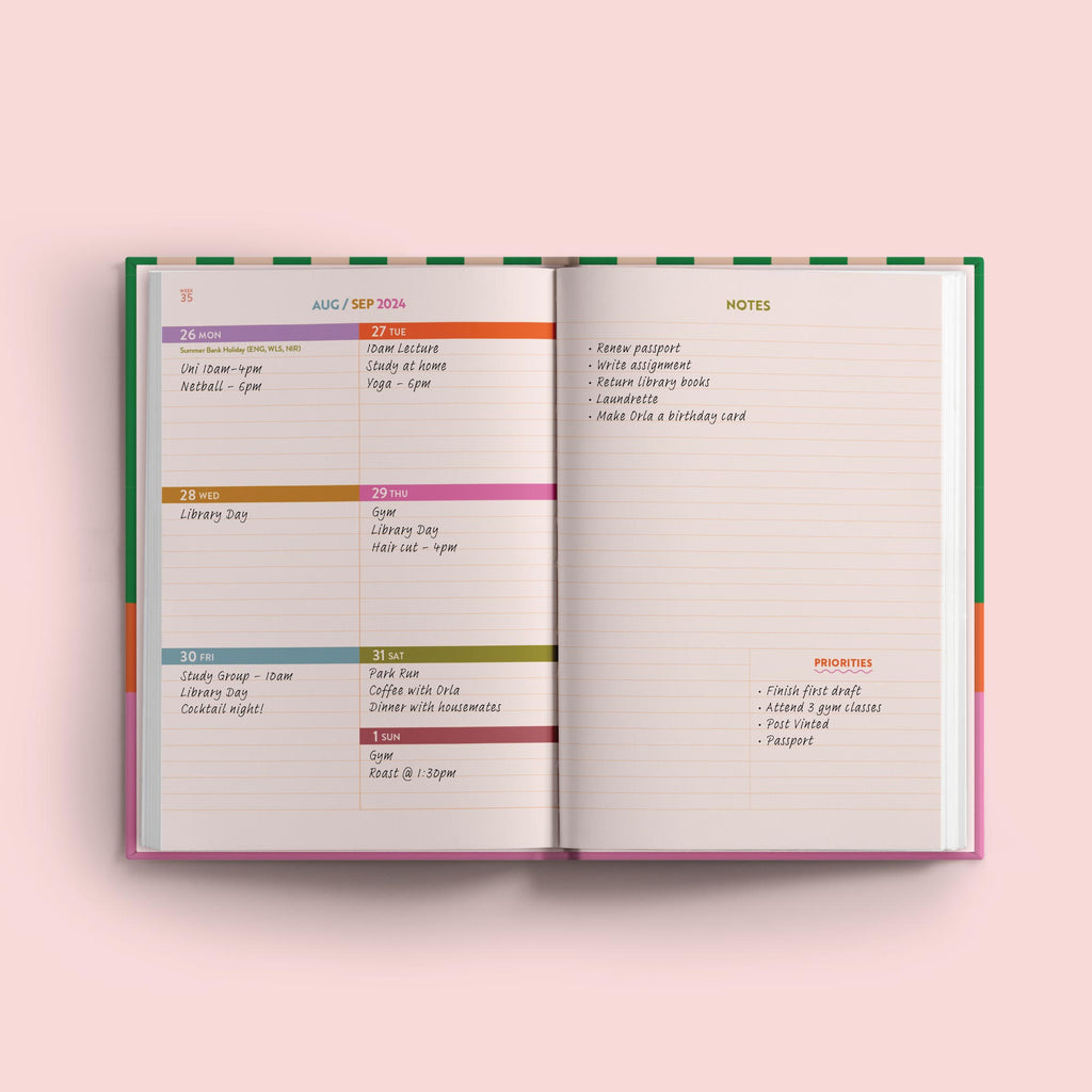 2024 - 2025 academic diary. Tropical Vibes. Cabana Stripe. Week to view. A5, hardcover journel. 100% recycled paper. Made in the UK.