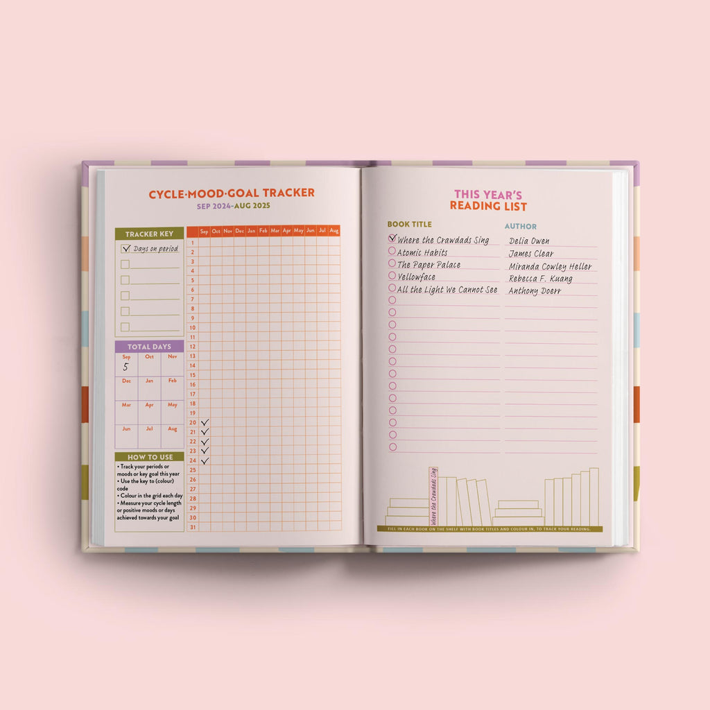 2024 - 2025 academic diary. Multicoloured Checkerboard design. Week to view. A5, hardcover journel. 100% recycled paper. Made in the UK.
