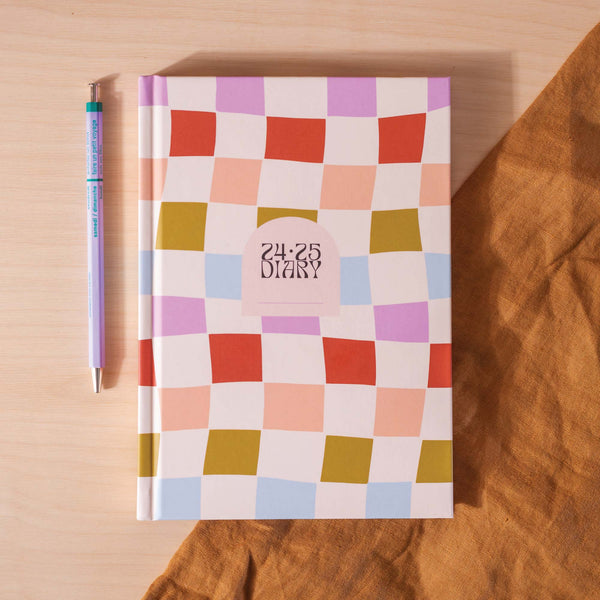 2024 - 2025 academic diary. Multicoloured Checkerboard design. Week to view. A5, hardcover journel. 100% recycled paper. Made in the UK.