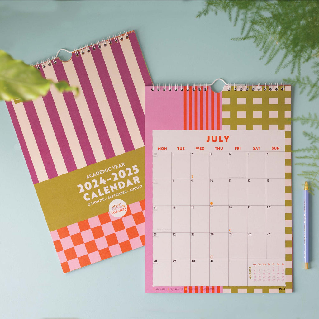 academic calendar for back to school. colourful checks and stripes. 100% recycled paper.