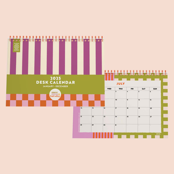 2025 desk calendar, A5 size. Bright Colours. Checks and Stripes. 100% Recycled Paper and made in the UK.