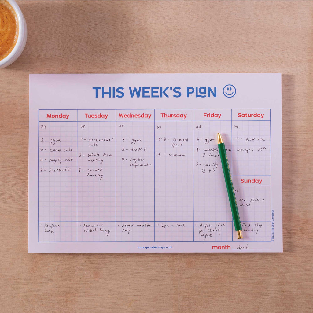 A4 weekly planner pad. weekly schedule. recycled paper. made in the UK. school days. back to school