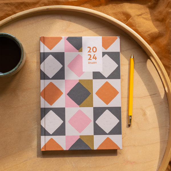 2024 diary. week to view. quilt pattern design. 100% recycled paper. made in the UK.