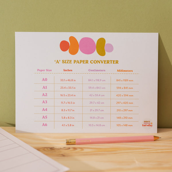 A5 Sized Print. 'A' size paper converter. Easily see each 'A' paper size in inches, centimeters and millimeters. 100% Recycled Paper and Made in the UK