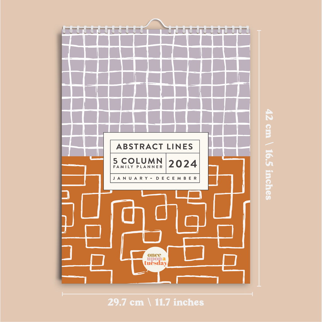 A3, Large Calendar with 5 columns, perfect for getting the family organised this academic year, 2023-2024. Design with abstract lines inspired but the scandi boho life. 100% Recycled. Made in the UK.