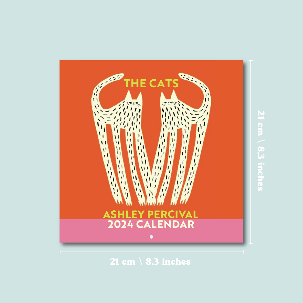 2024 21x21cm Calendar - ashley percivel cat designs on each monthly page. 100% Recycled Paper, Made in the UK.