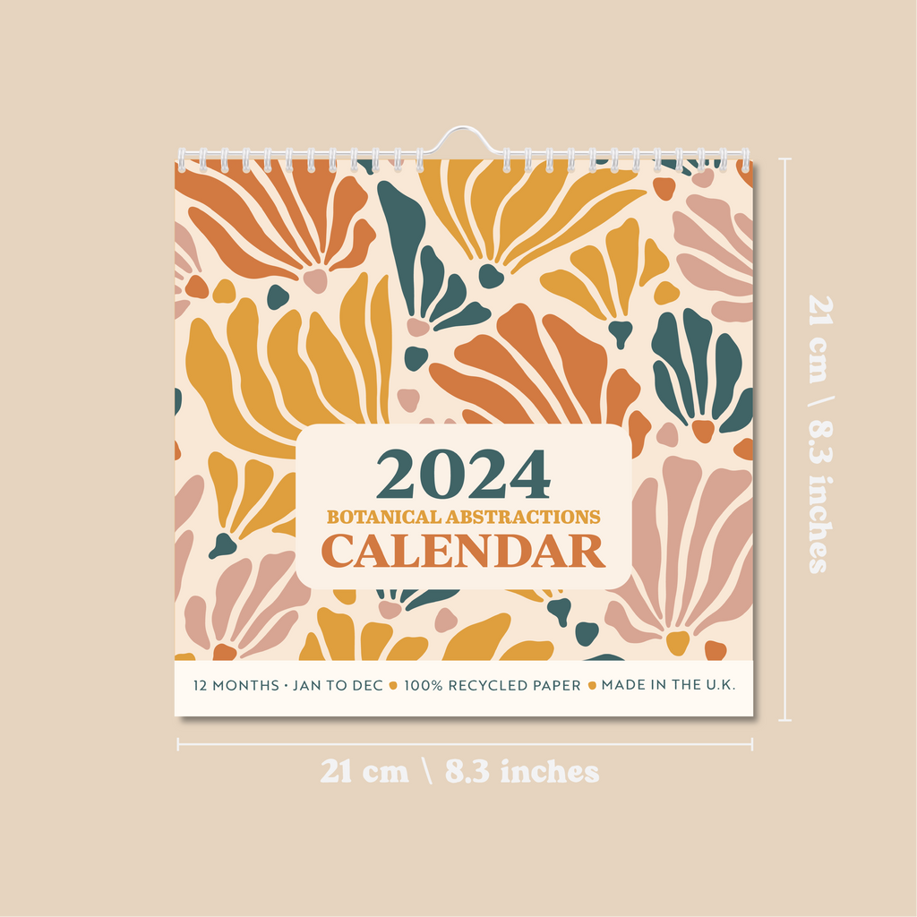 2024 21x21cm Calendar - abstract, botanical designs on each monthly page. 100% Recycled Paper, Made in the UK.