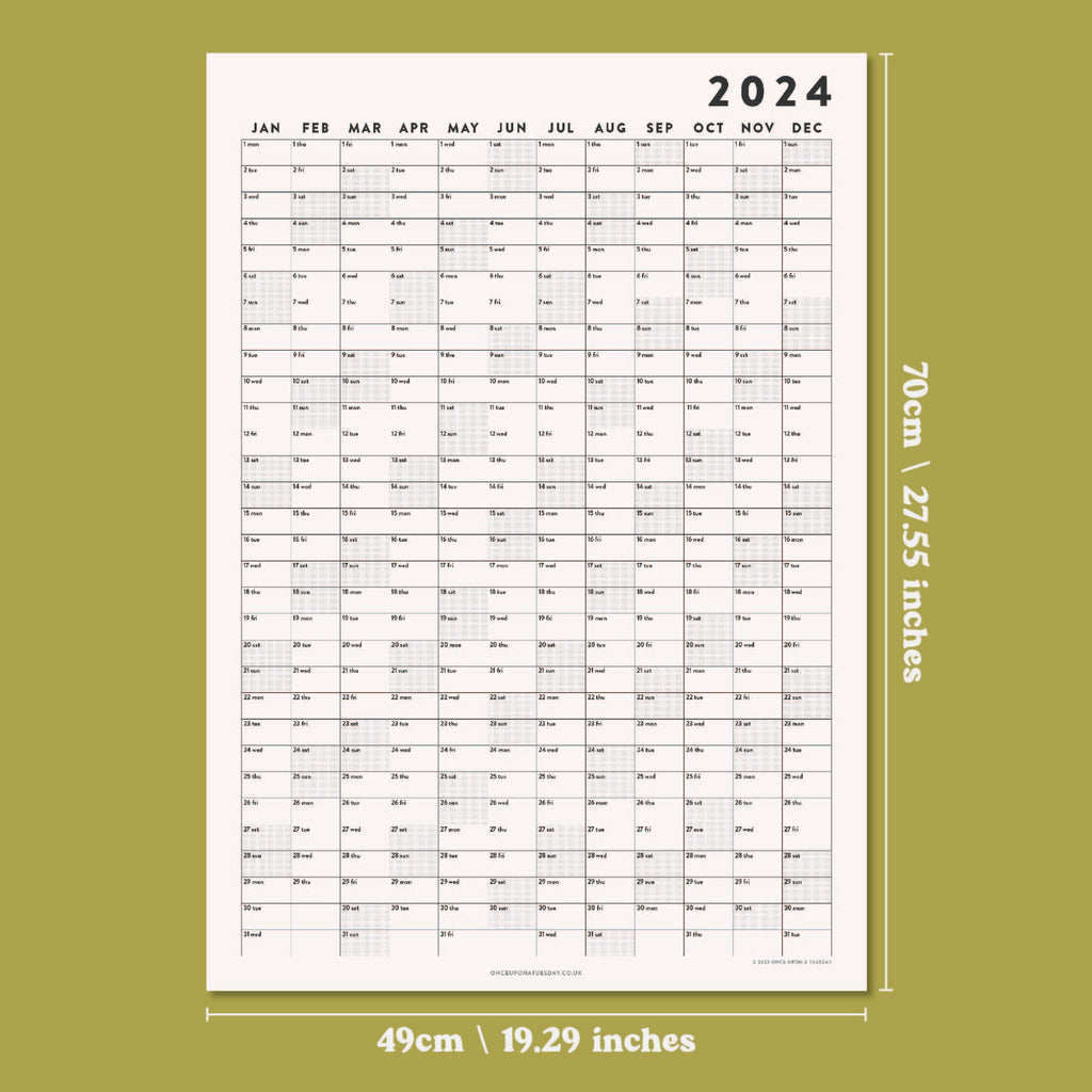 70x49cm portrait, 2024 year wall planner. Black and White. Minimalist. Compact wall planner. Made in the UK. 100% Recycled Paper.
