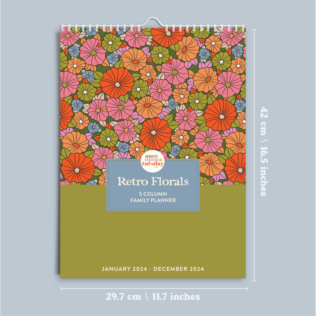 A3, Large Calendar with 5 columns, perfect for getting the family organised this academic year, 2023-2024. Design with a retro floral pattern. 100% Recycled. Made in the UK.