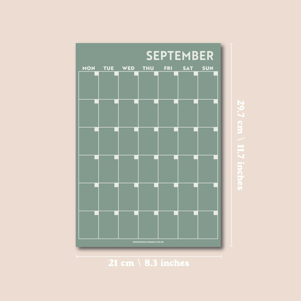 Undated A4 Wall Calendar - 12 separate monthly pages in a surf inspired colour palette. 100% Recycled Paper, Made in the UK.