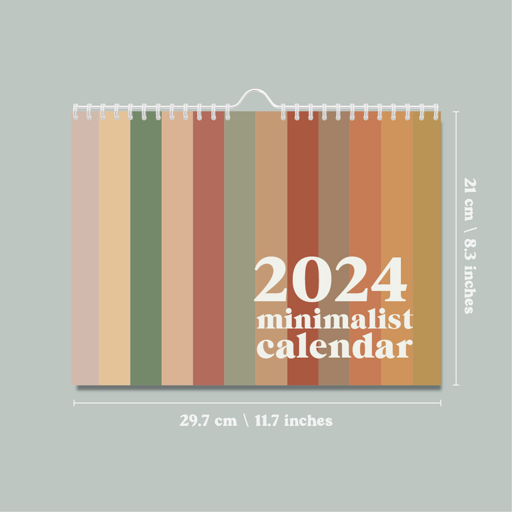 2024 A4 Calendar - muted colour palette on each monthly page. 100% Recycled Paper, Made in the UK.