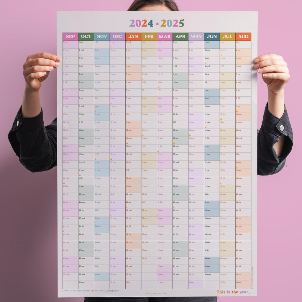 academic year 2024 to 2025 year wall planner. back to school. back to work. wfh. 100% recycled paper. made in the UK.