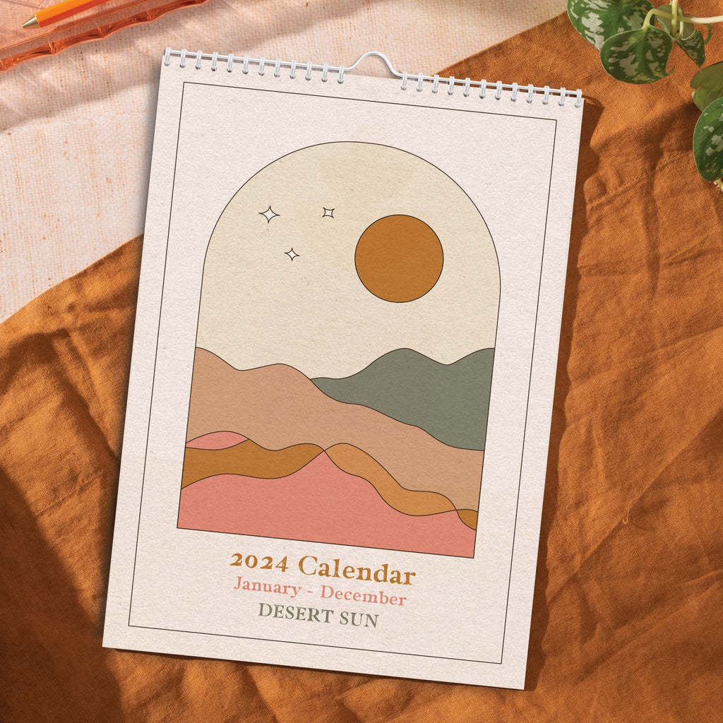 2024 Calendar. 12 Months, January - December. Week Starts Monday. A4. Recycled Paper. Desert Sun. Boho Vibes.