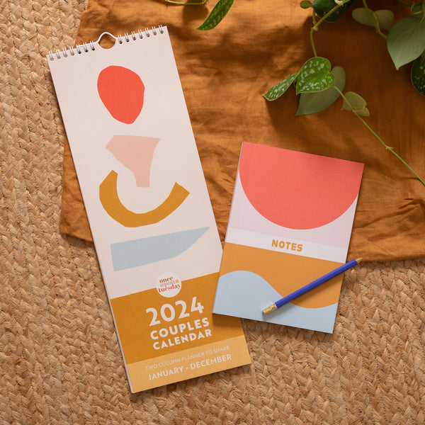 2024 calendar and notebook gift set. couples calendar. 2 column calendar. notebook. geo design. muted colours. 100% recycled paper. Printed in the UK.
