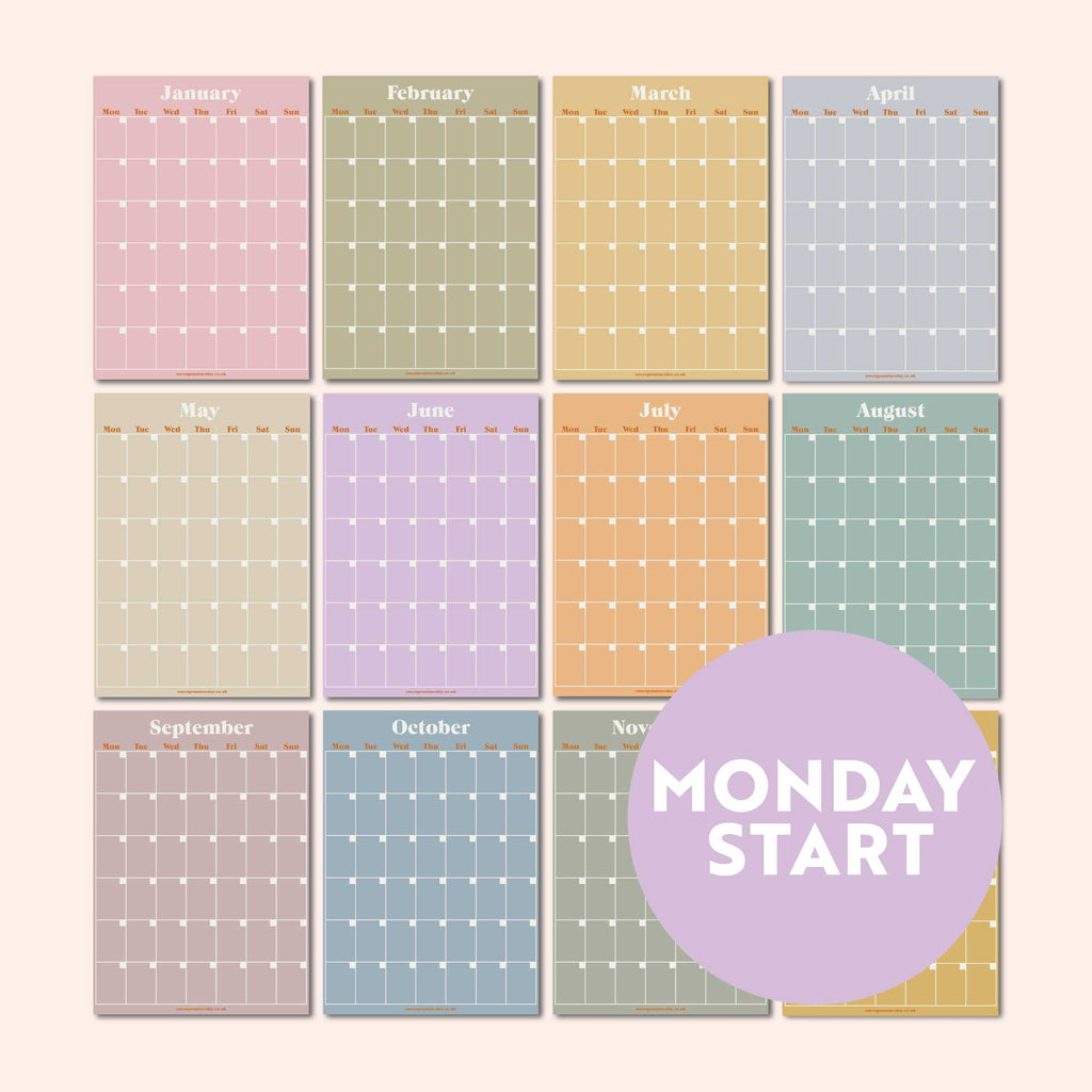 A3 wall calendar with 12 separate pages. Pastels wall planner. 100% recycled paper.