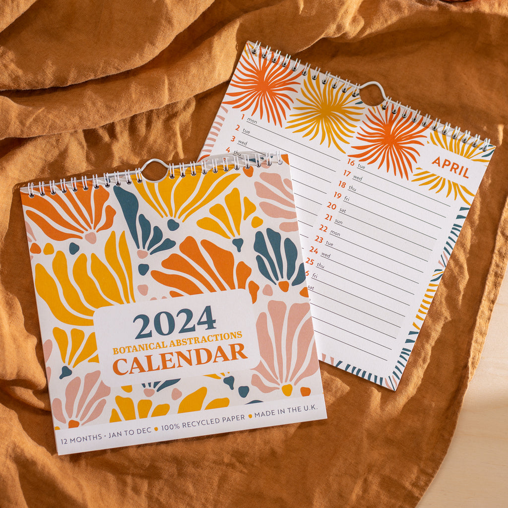 2024 21x21cm Calendar - botanical inspired illustrations on each monthly page. 100% Recycled Paper, Made in the UK.