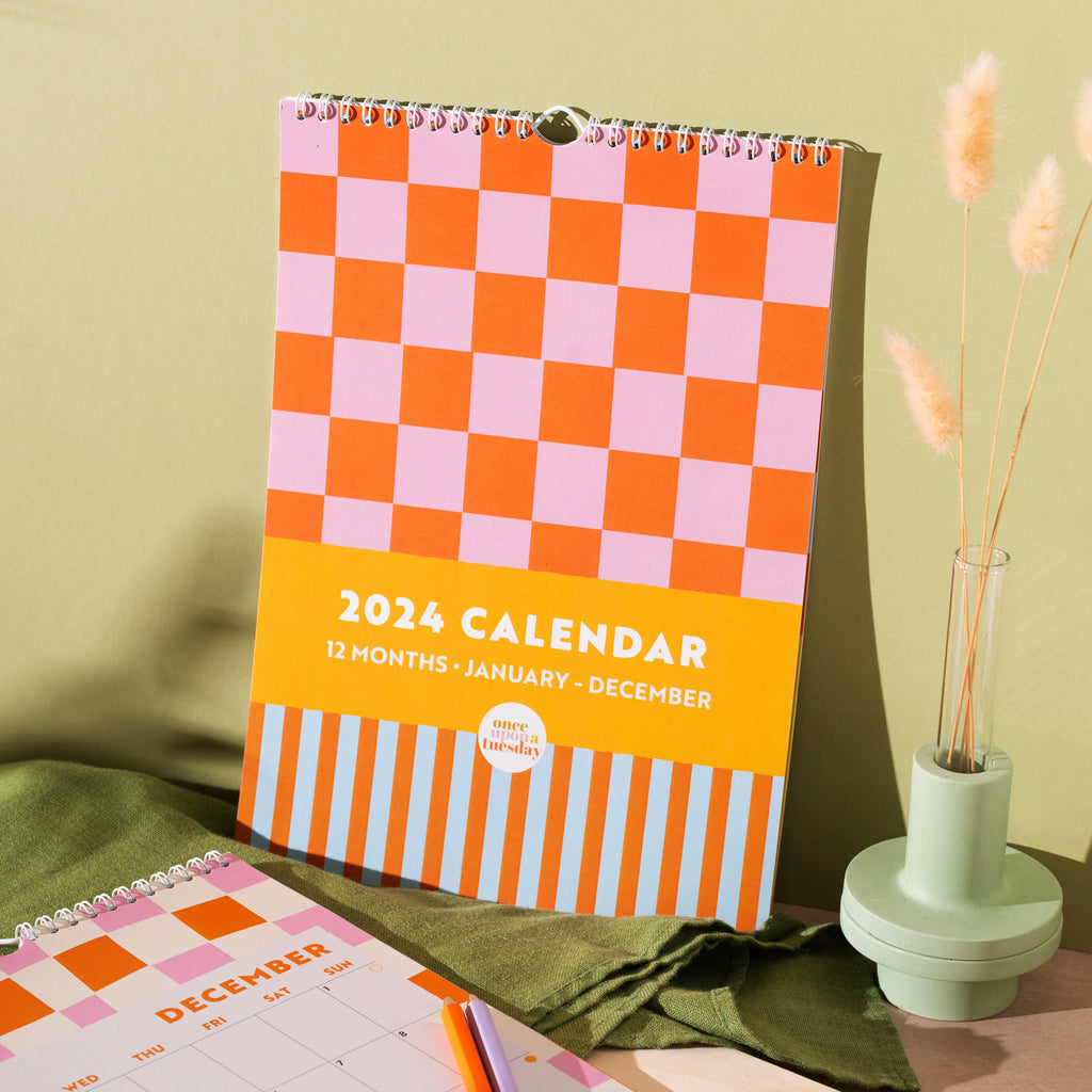 2024 A4 Calendar - checks & stripes designs on each monthly page. 100% Recycled Paper, Made in the UK. Includes week number and moon phases.