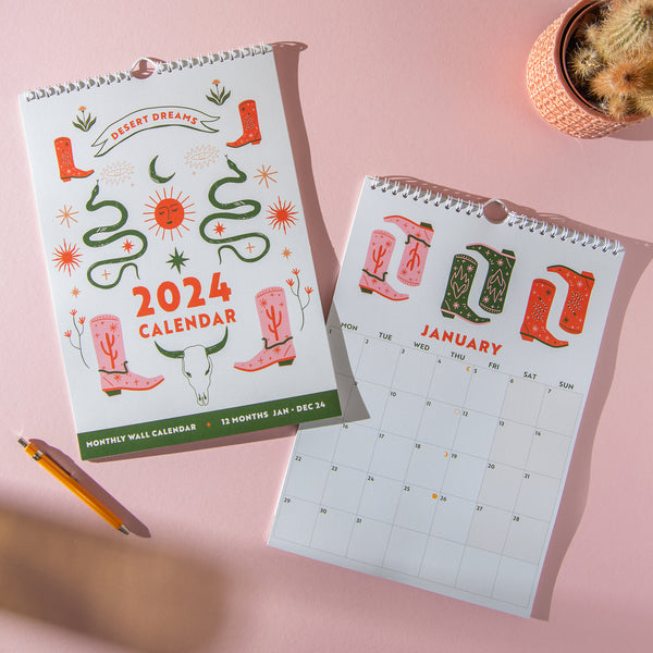 2024 A4 Calendar - western inspired illustrations on each monthly page. 100% Recycled Paper, Made in the UK. Includes moon phases.