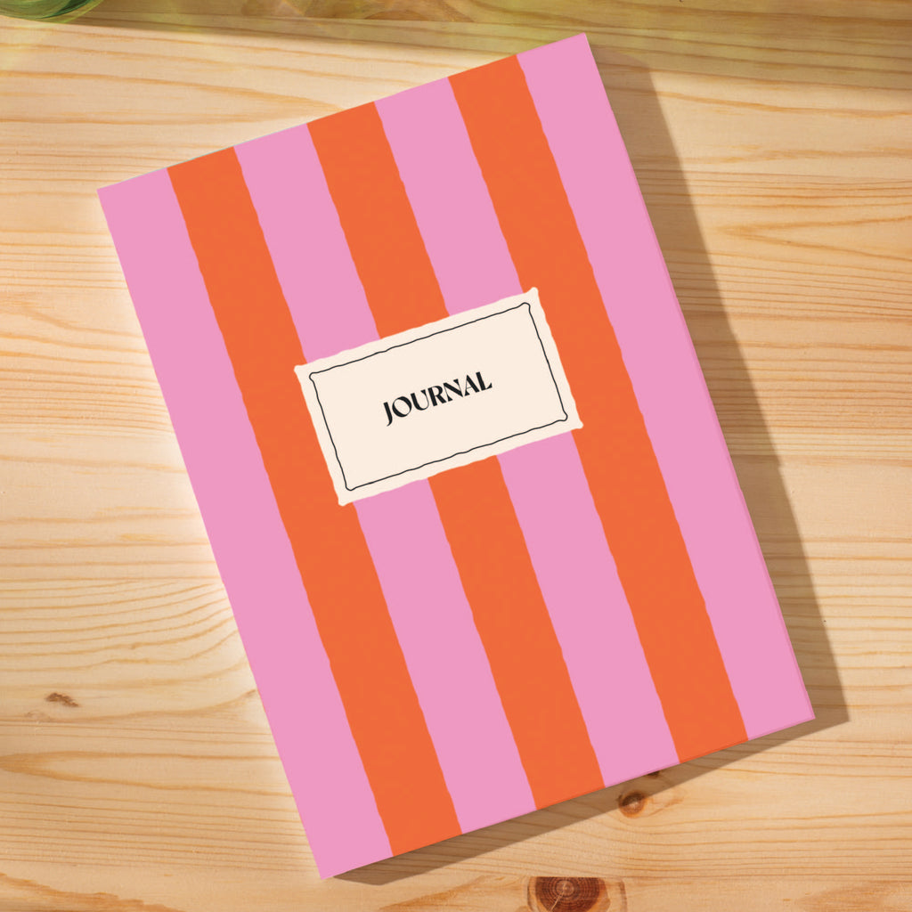 hot pink and cherry red striped notebook