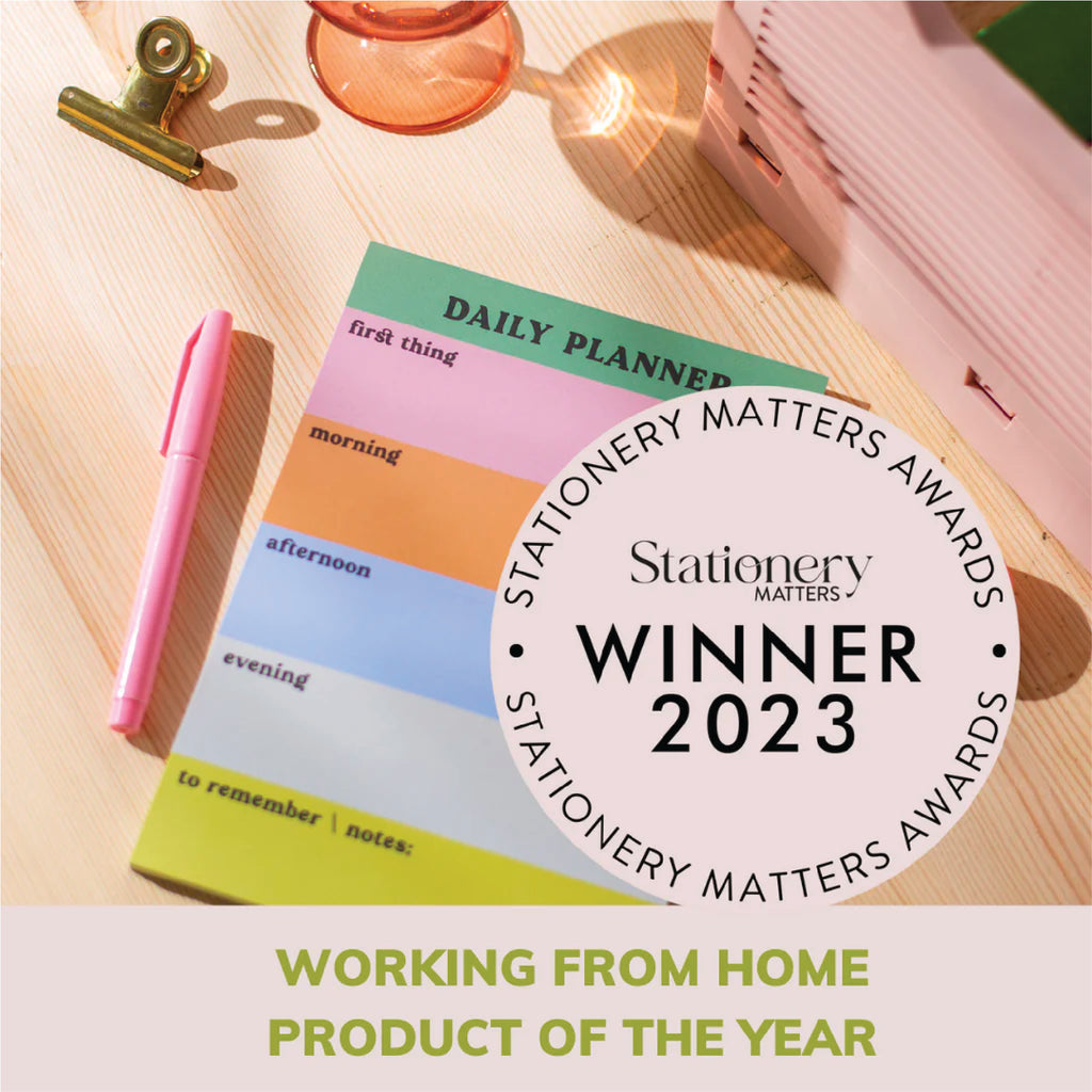 A5 Daily Planner Pad in Rainbow Colour Block. This time blocking style desk pad helps organise your day with ease. 100% Recycled Paper. Made in the UK. ADHD daily planner. Working from home product of the year winner at the 2023 Stationery Matters Awards.
