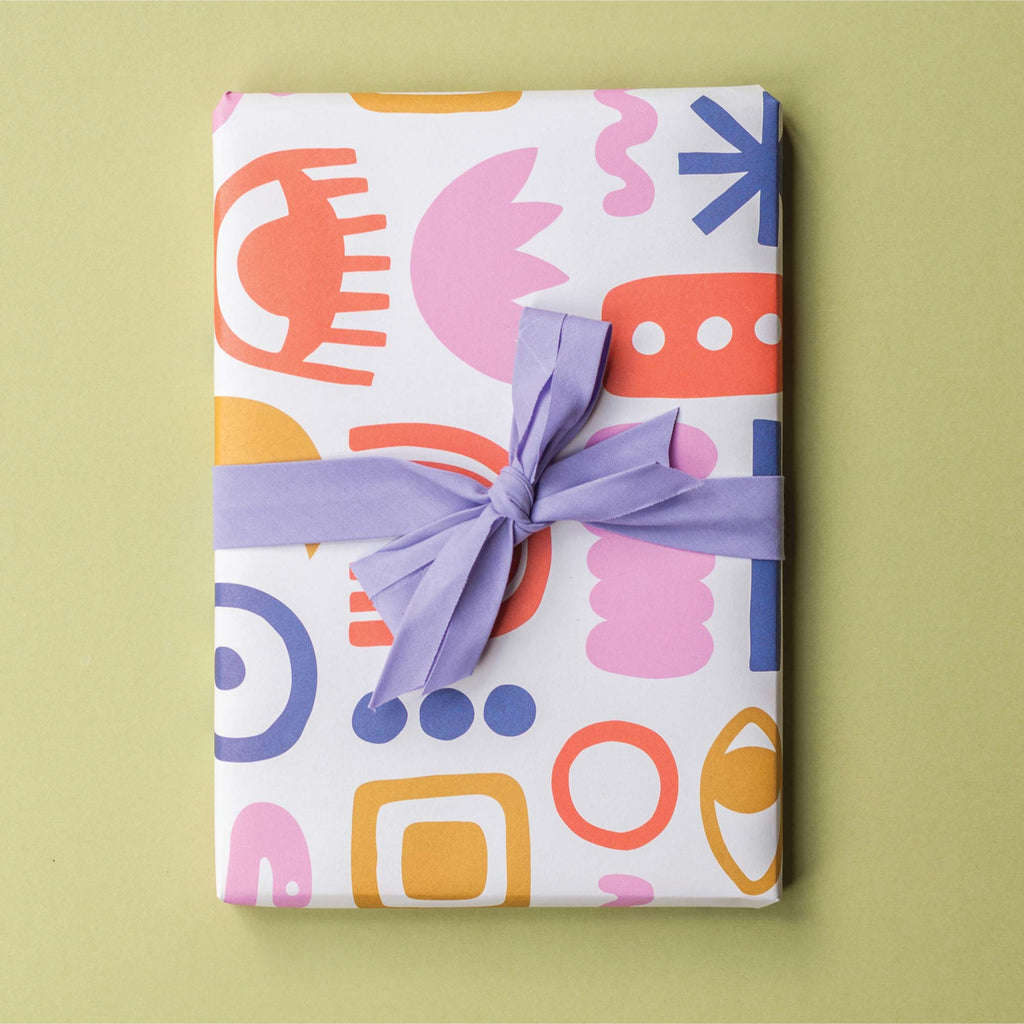 Bright abstract shapes gift wrap. 5 pack. 10 pack. christmas wrapping paper. birthday wrapping paper. eco gift wrap. 100% recycled paper. made in the UK. gift paper. recycled wrapping. gift wrap.