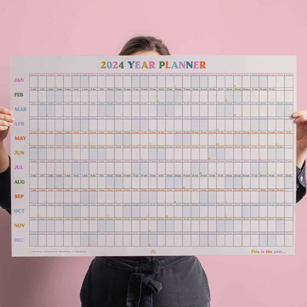 2024 landscape wall planner in the this is the year design. 49cm x 70cm. 100% recycled paper. 12 months - January to December.