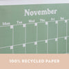 12 page wall planner. 12 months. undated. start any time. A4, compact planner. 100% recycled paper. Made in the UK. Blues and Greens