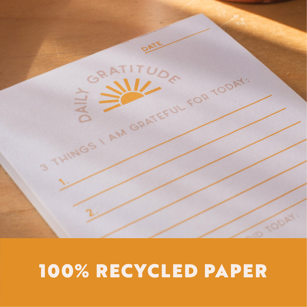 daily gratitude. 3 good things. a6 notepad. 100% recycled paper.
