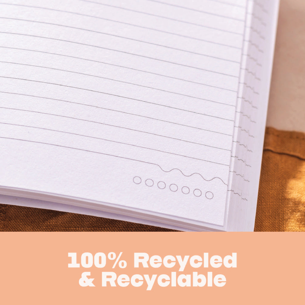 a5 lined notebook. 128 pages. lay flat. 100gsm 100% recycled paper. designed in a earthy tone with abstract shapes.