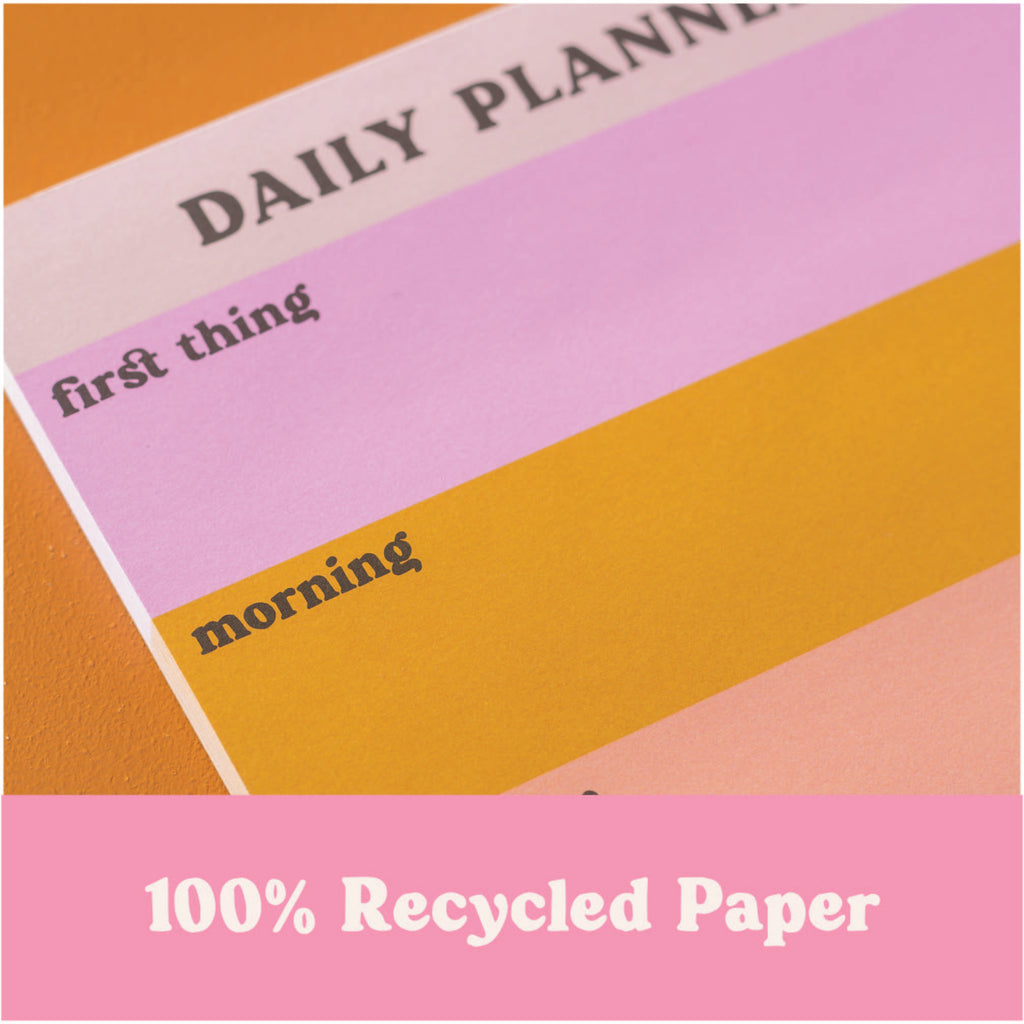 A5 Daily Planner Pad in Pastel Colour Block. This time blocking style desk pad helps organise your day with ease. 100% Recycled Paper. Made in the UK. ADHD daily planner.
