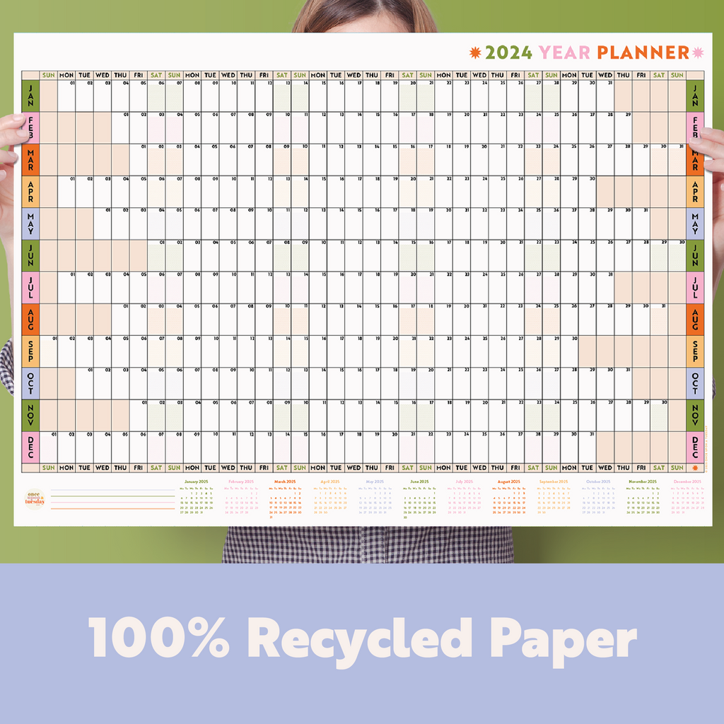 A1 size wall planner. 2024 year planner, January to December. Colourful. Highlighed weekends. 100% Recycled Paper. Made in the UK.