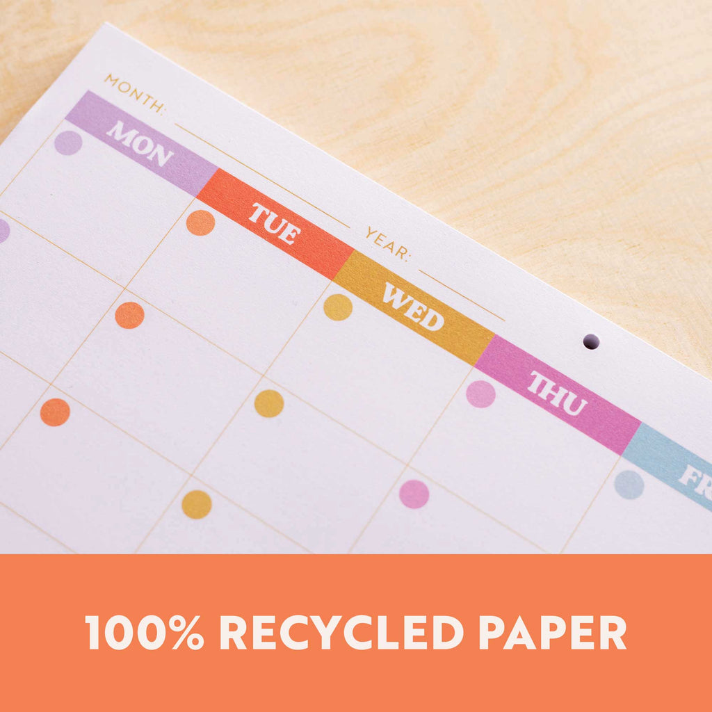 a4 monthly planner pad. use for fitness, school, work and family life. 52 pages. 100% recycled paper. made in the UK.