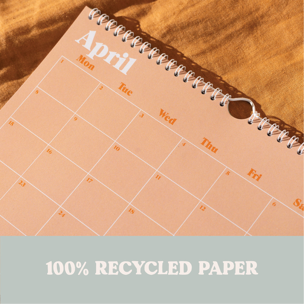 2024 A4 Calendar - muted colour palette on each monthly page. 100% Recycled Paper, Made in the UK.