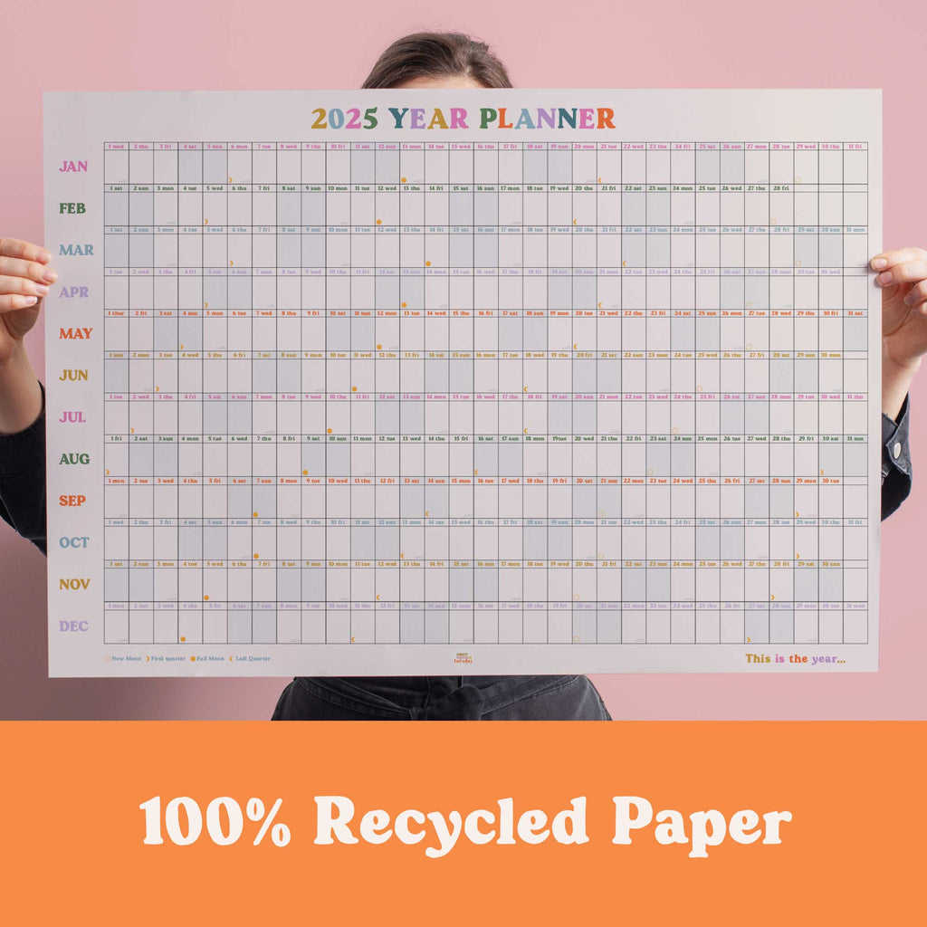 49x70cm colourful 2025 wall planner. 100% recycled paper and made in the UK.