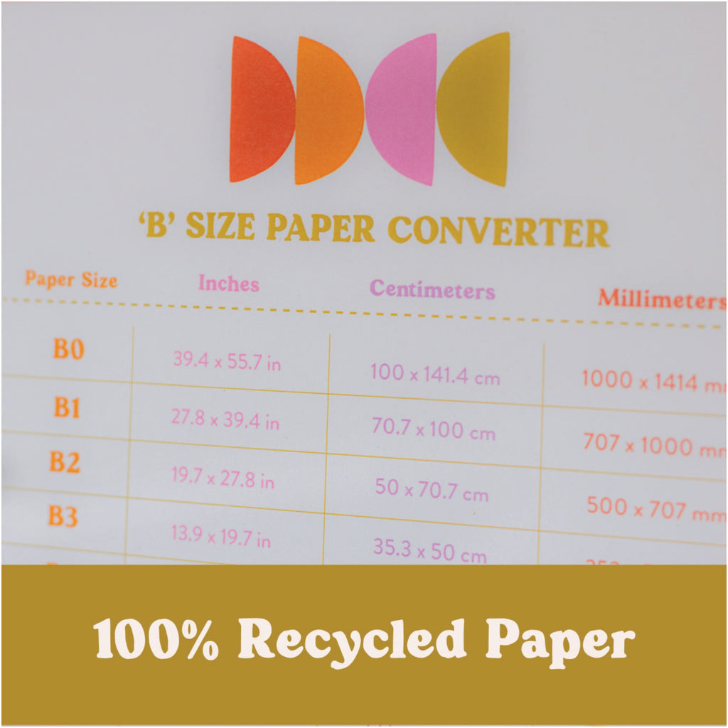 A5 Sized Print. 'B' size paper converter. Easily see each 'B' paper size in inches, centimeters and millimeters. 100% Recycled Paper and Made in the UK