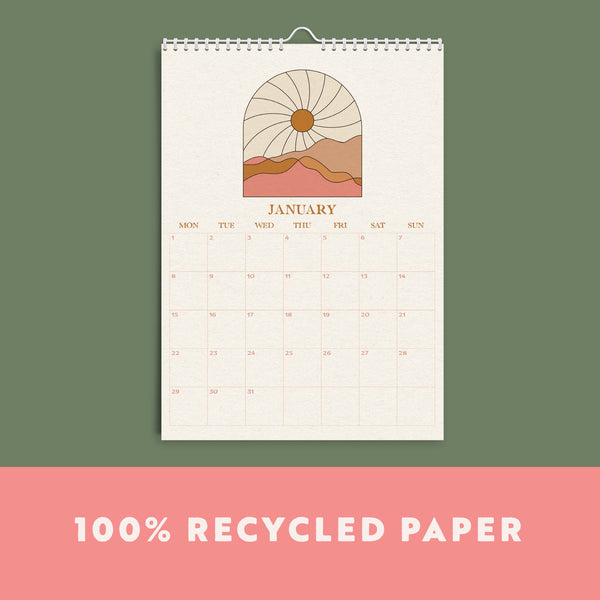 2024 Calendar. 12 Months, January - December. Week Starts Monday. A4. Recycled Paper. Desert Sun. Boho Vibes.