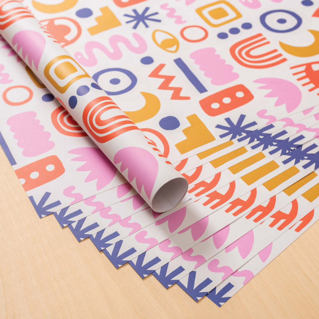 Bright abstract shapes gift wrap. 5 pack. 10 pack. christmas wrapping paper. birthday wrapping paper. eco gift wrap. 100% recycled paper. made in the UK. gift paper. recycled wrapping. gift wrap.