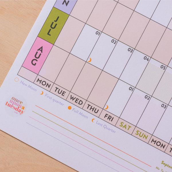 2024-2025 academic year wall planner. 100% recycled paper. made in the UK. Staggered year planner