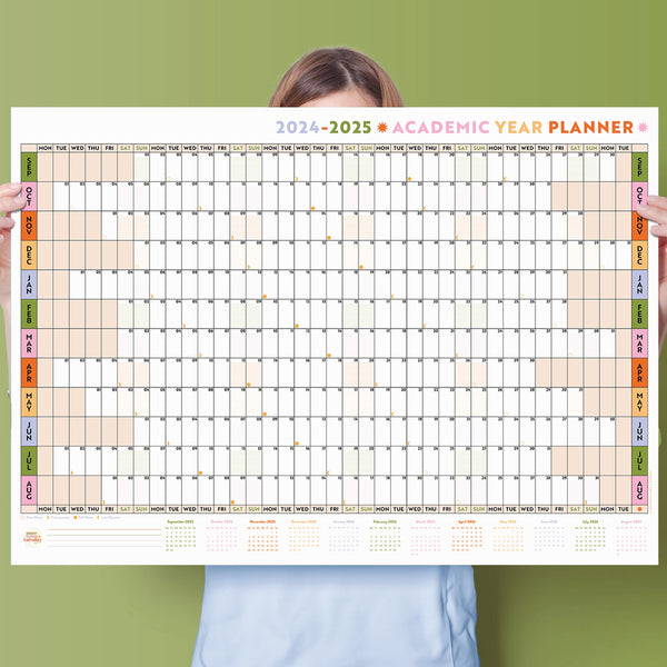 2024-2025 academic year wall planner. 100% recycled paper. made in the UK. Staggered year planner