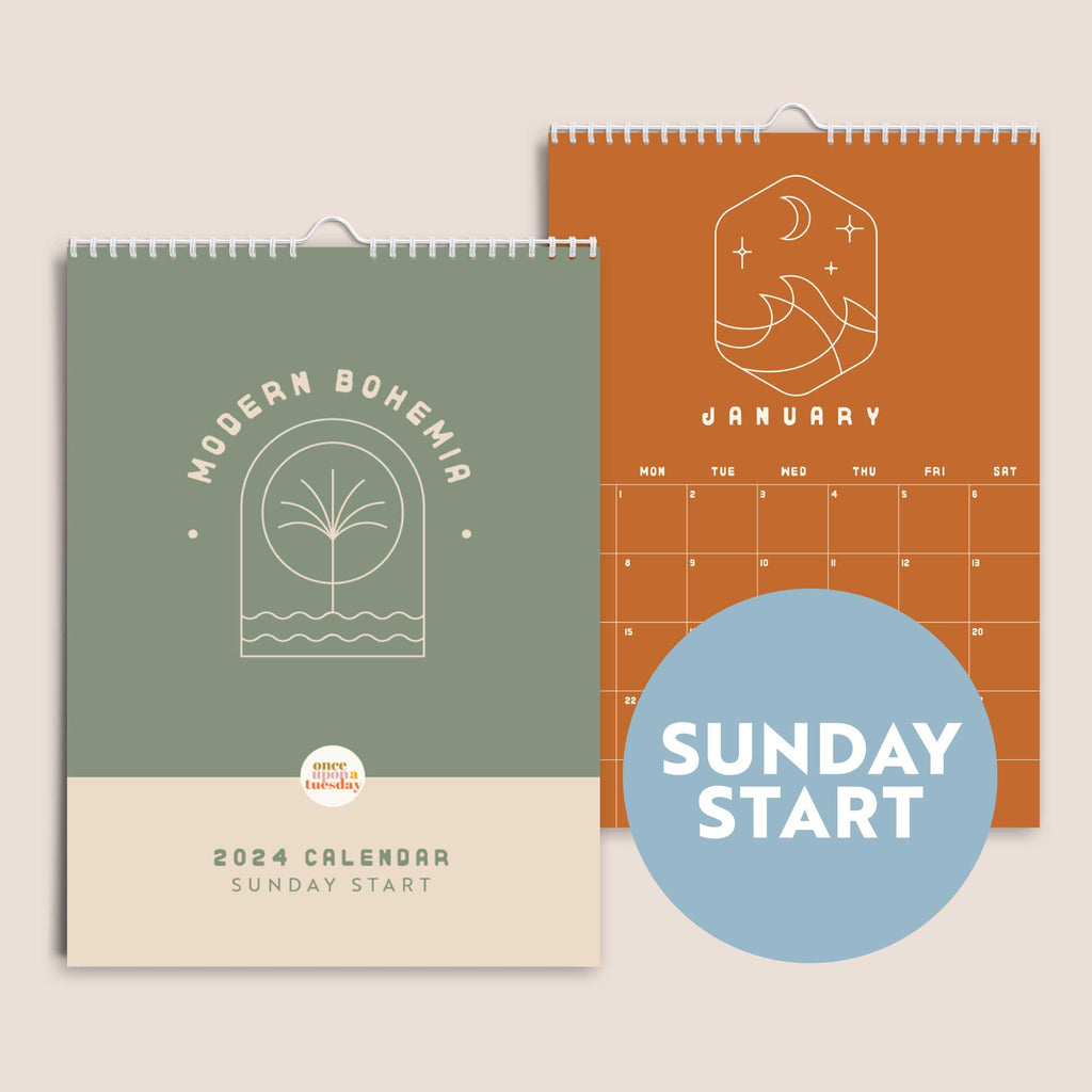 2024 sunday start boho wall calendar. A4. US letter. 100% recycled paper.