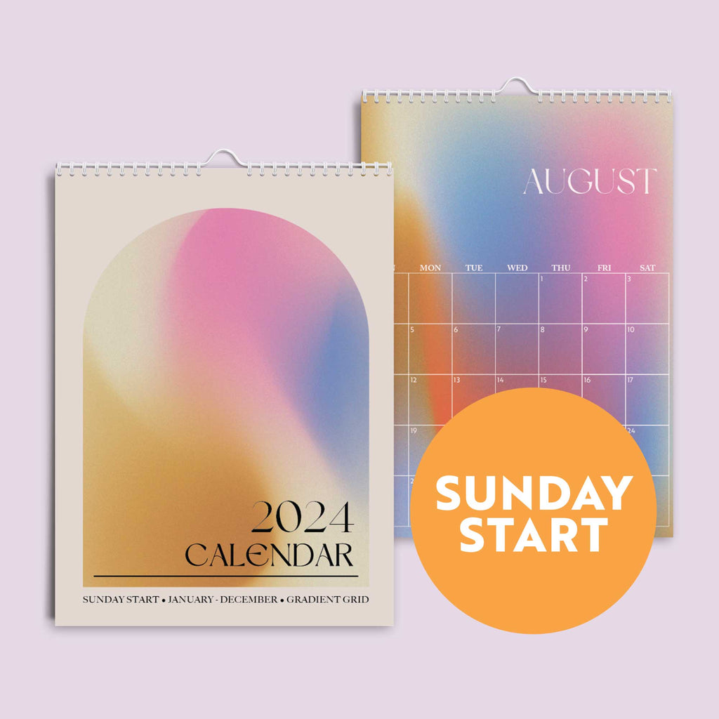 sunday start. a4 planner. 2024 calender. gradient grid. 100% recycled paper.
