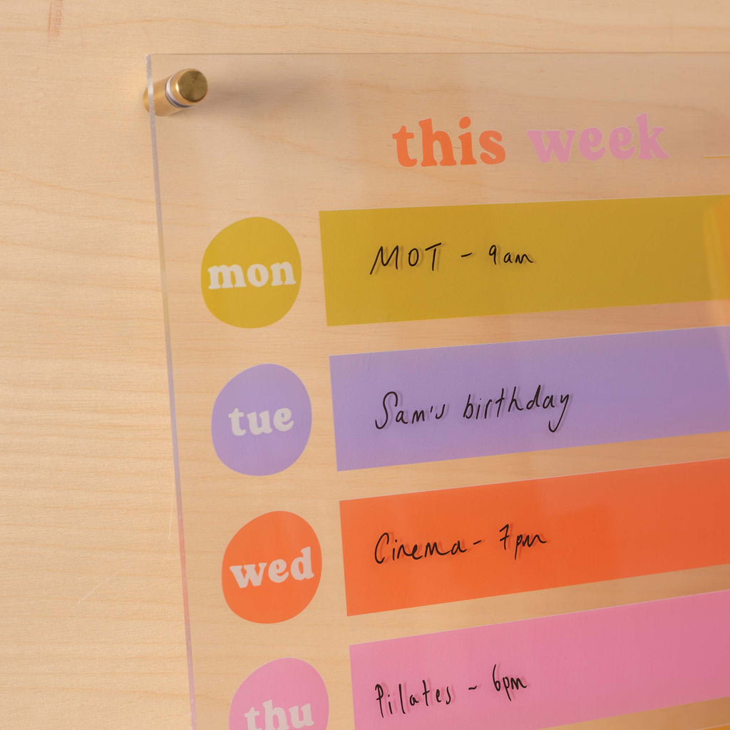 Large Wipeable planner. Weekly planner. Rainbow. Recycled Acrylic.