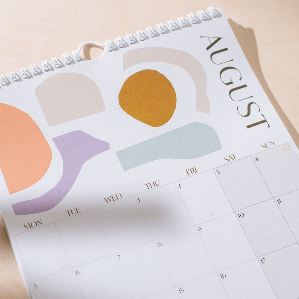 2024 A4 Calendar - abstract, organic designs on each monthly page. 100% Recycled Paper, Made in the UK. Includes week number and moon phases.