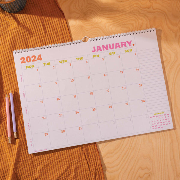 2024 Large Calendar. A3. Minimalist with pops of colour. 100% recycled paper. made in the UK.
