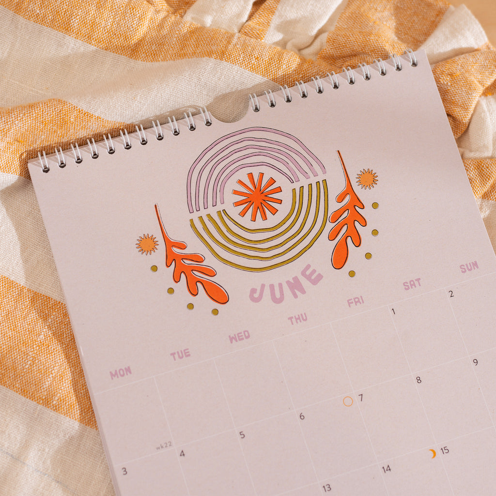 2024 A4 Calendar - abstract, nature inspired, boho designs on each monthly page. 100% Recycled Paper, Made in the UK. Includes week number and moon phases.