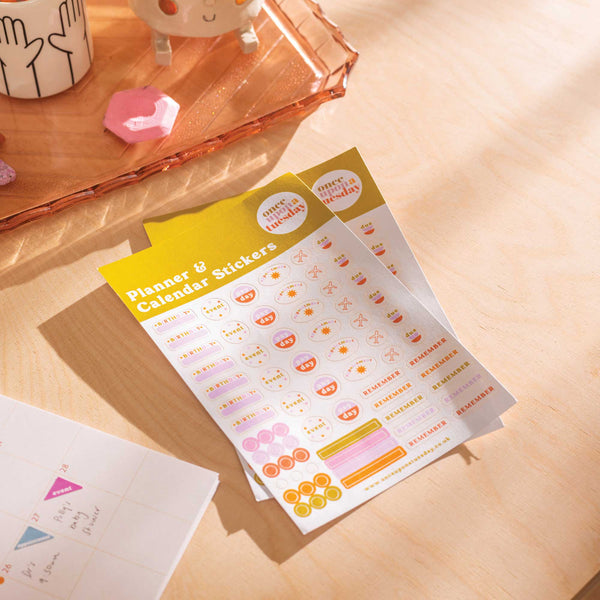 One sheet of planner and calendar stickers. Use on your calendar, wall planner, or in your diary. 100% Recycled Paper. Made in the UK.