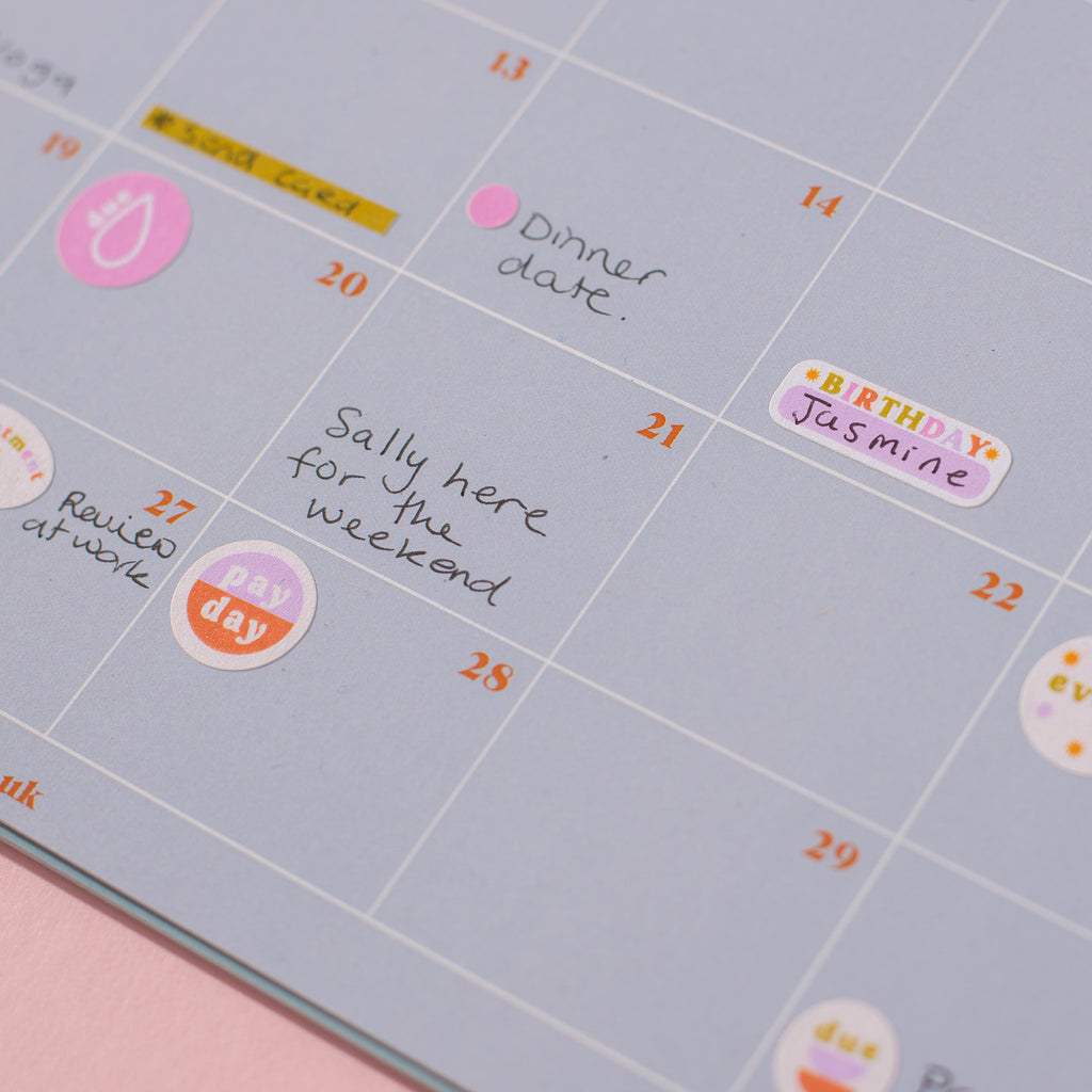 One sheet of planner and calendar stickers. Use on your calendar, wall planner, or in your diary. 100% Recycled Paper. Made in the UK.